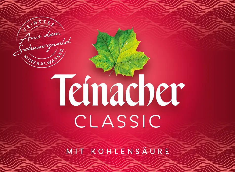 Etikett Teinacher Classic Mineralwasser mit Kohlensäure und rotem Hintergrund