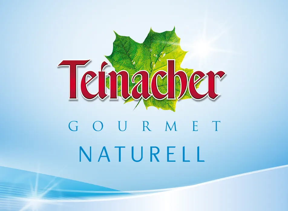 Etikett Teinacher Gourmet Naturell Mineralwasser ohne Kohlensäure mit hellblauem Hintergrund