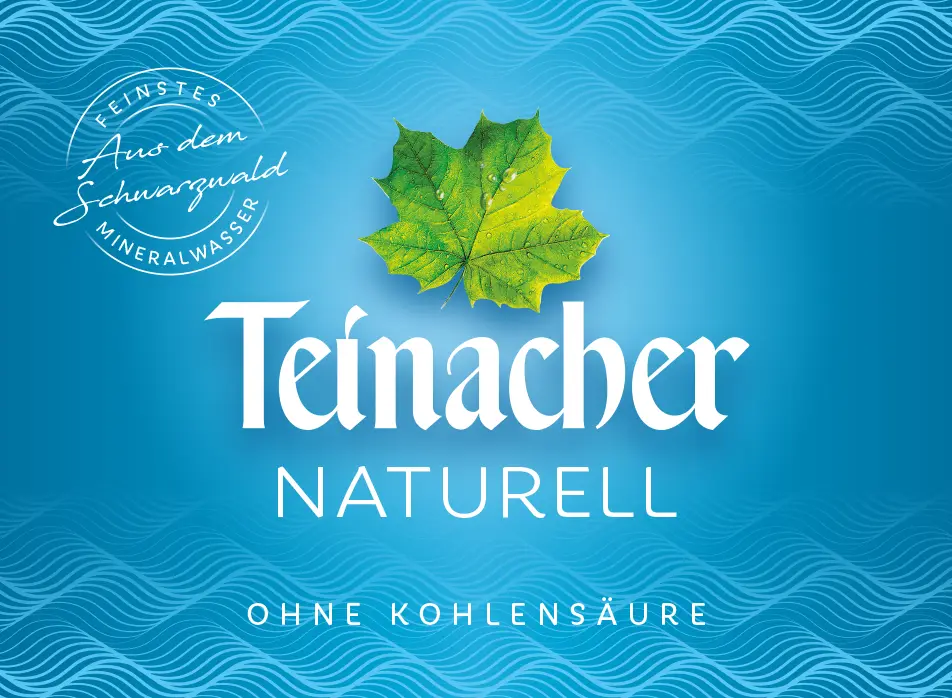 Etikett Teinacher Naturell Mineralwasser ohne Kohlensäure mit blauem Hintergrund