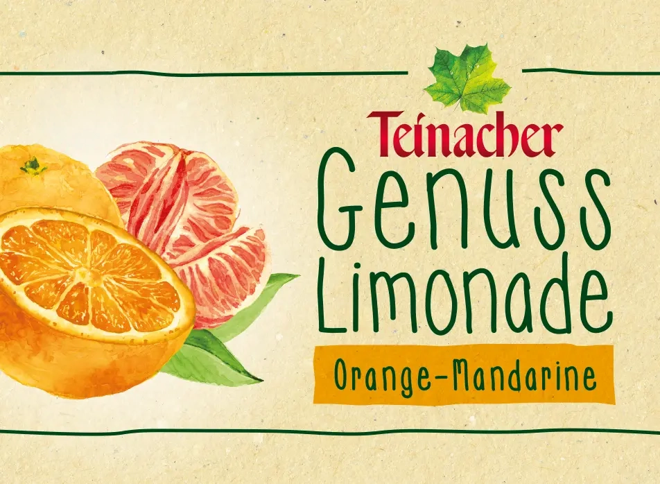 Teinacher Genuss-Limonade Orange-Mandarine mit illustrierten Zitrusfrüchten auf hellem Etikett