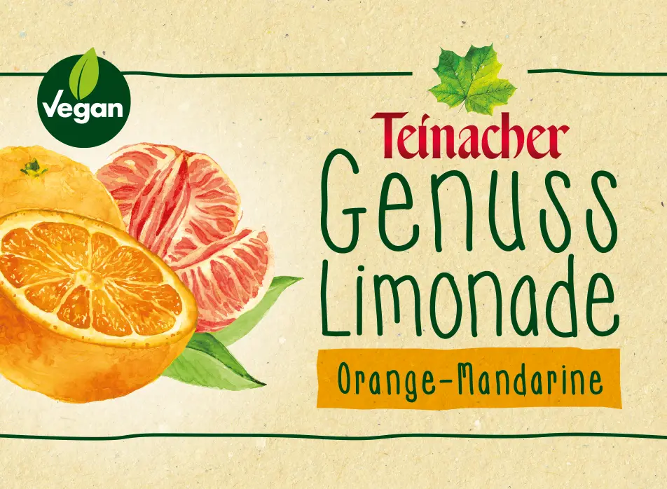 Teinacher Genuss-Limonade Orange-Mandarine mit Illustrationen von Orangen- und Mandarinenfrüchten