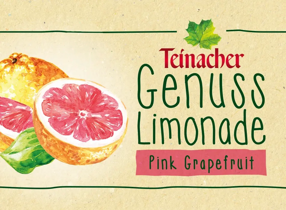 Teinacher Genuss-Limonade Pink Grapefruit mit illustrierten Grapefruits auf hellem Etikett