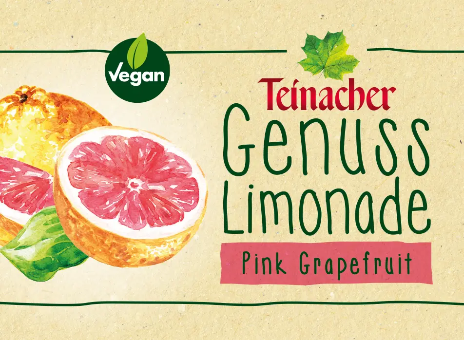 Teinacher Genuss-Limonade Pink Grapefruit mit Illustrationen von aufgeschnittener Grapefruit und Blättern.