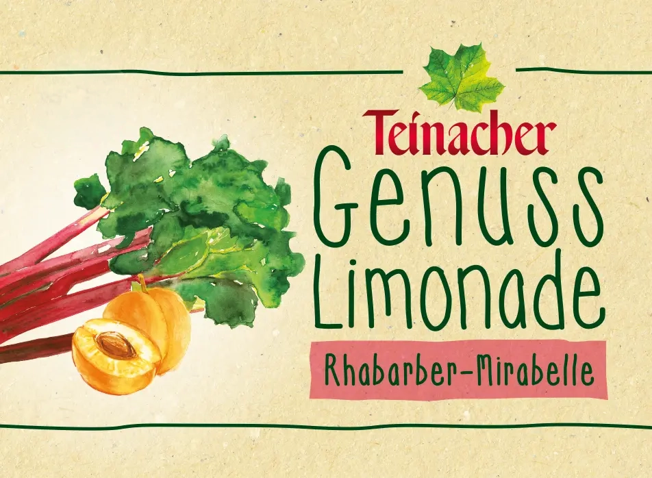 Teinacher Genuss-Limonade Rhabarber-Mirabelle mit illustriertem Rhabarber und Mirabellen auf hellem Etikett