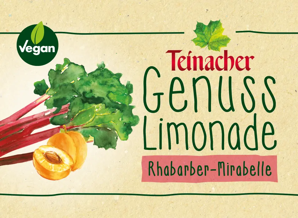 Teinacher Genuss-Limonade Rhabarber-Mirabelle mit Illustrationen von Rhabarberstangen und Mirabellen