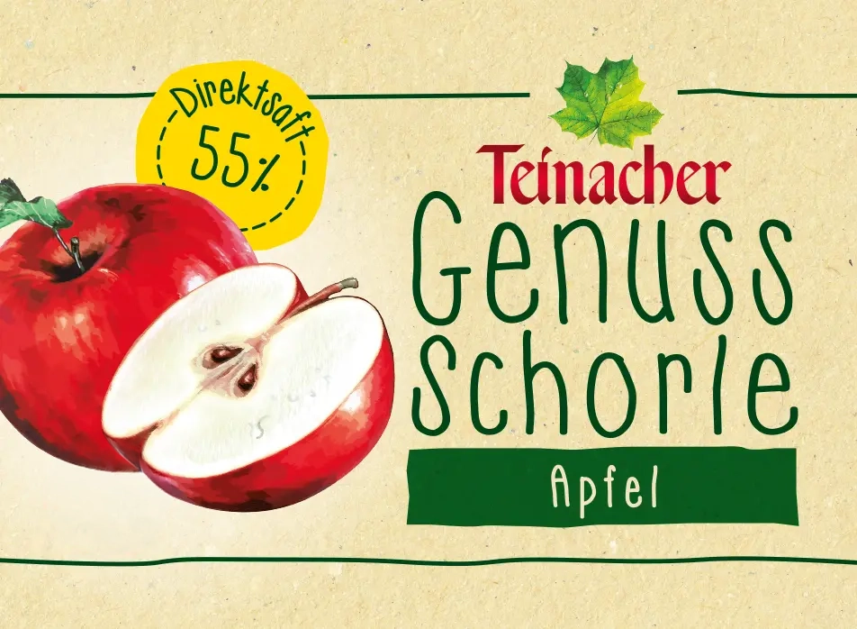 Teinacher Genuss-Schorle Apfel mit illustrierten Äpfeln und 55 Prozent Direktsaft auf hellem Etikett