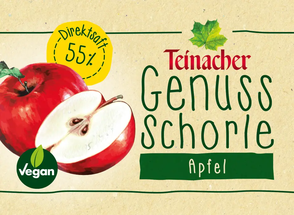 Etikett Teinacher Genuss-Schorle Apfel mit roten Äpfeln und Apfelhälfte auf naturfarbenem Hintergrund