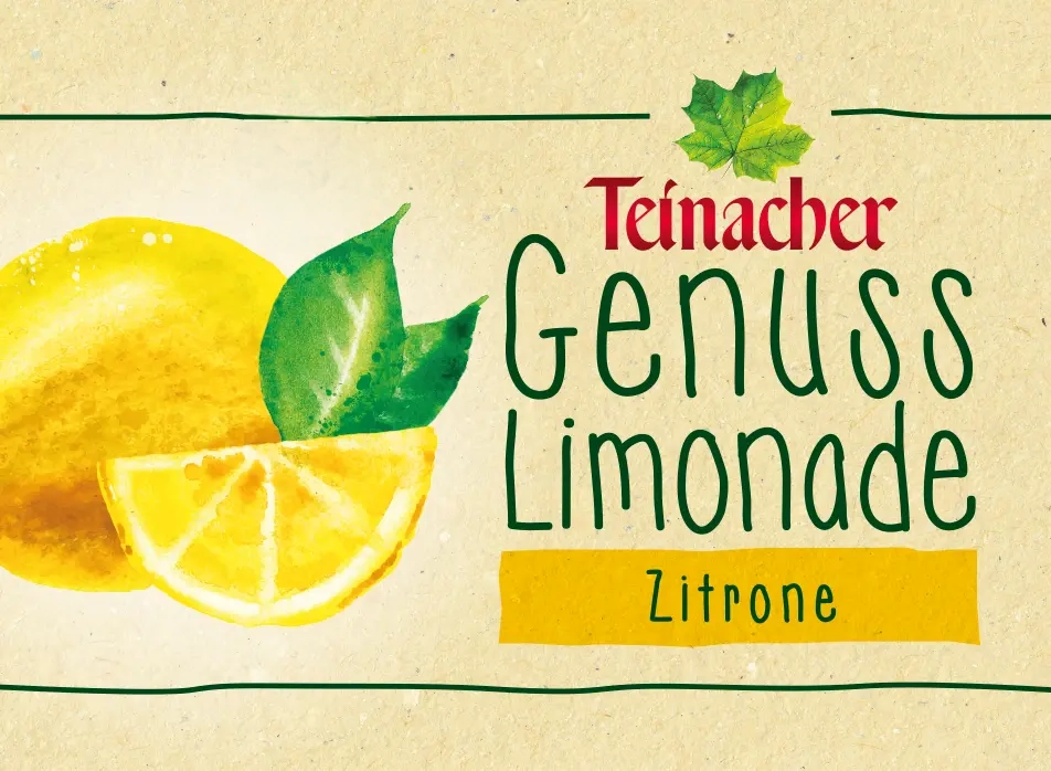 einacher Genuss-Limonade Zitrone mit Illustrationen von Zitronenhälften und grünen Blättern
