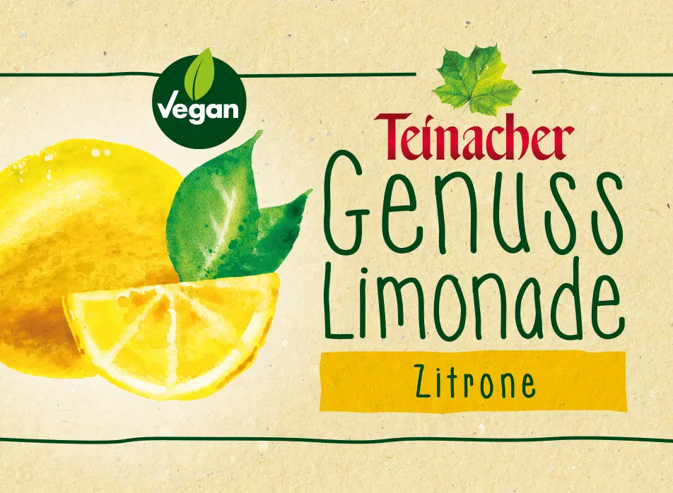 einacher Genuss-Limonade Zitrone mit Illustrationen von Zitronenhälften und grünen Blättern