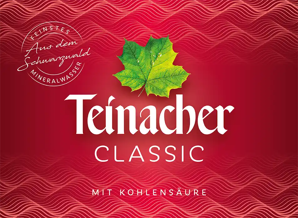Etikett Teinacher Classic Mineralwasser mit Kohlensäure und rotem Hintergrund