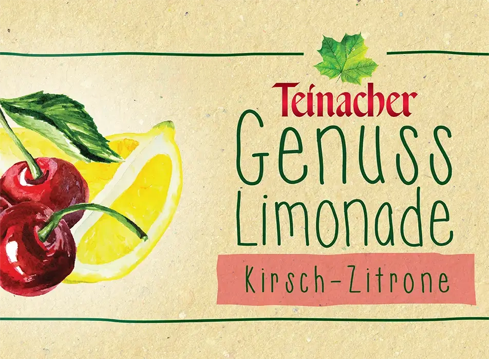 Nahansicht des Teinacher Etiketts der Sorte Genuss-Limonade Kirsch-Zitrone
