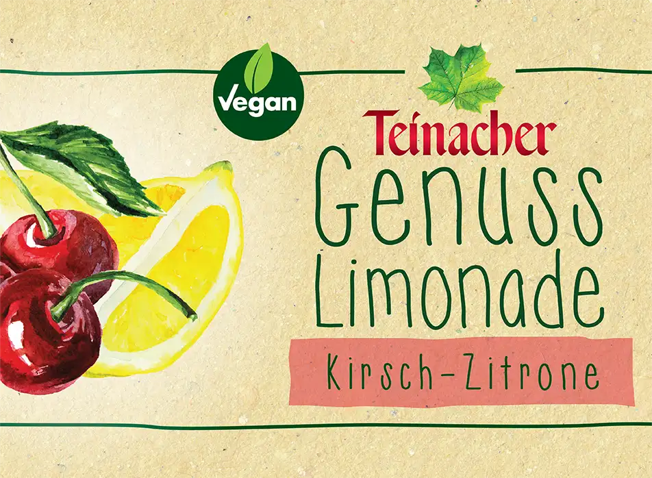Nahansicht des Teinacher Etiketts der Sorte Genuss-Limonade Kirsch-Zitrone
