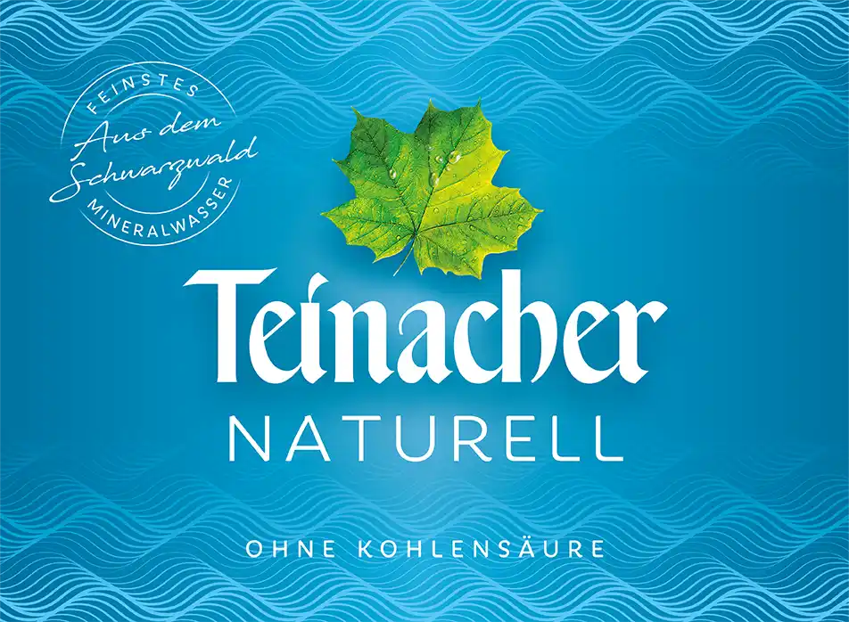 Etikett Teinacher Naturell Mineralwasser ohne Kohlensäure mit blauem Hintergrund