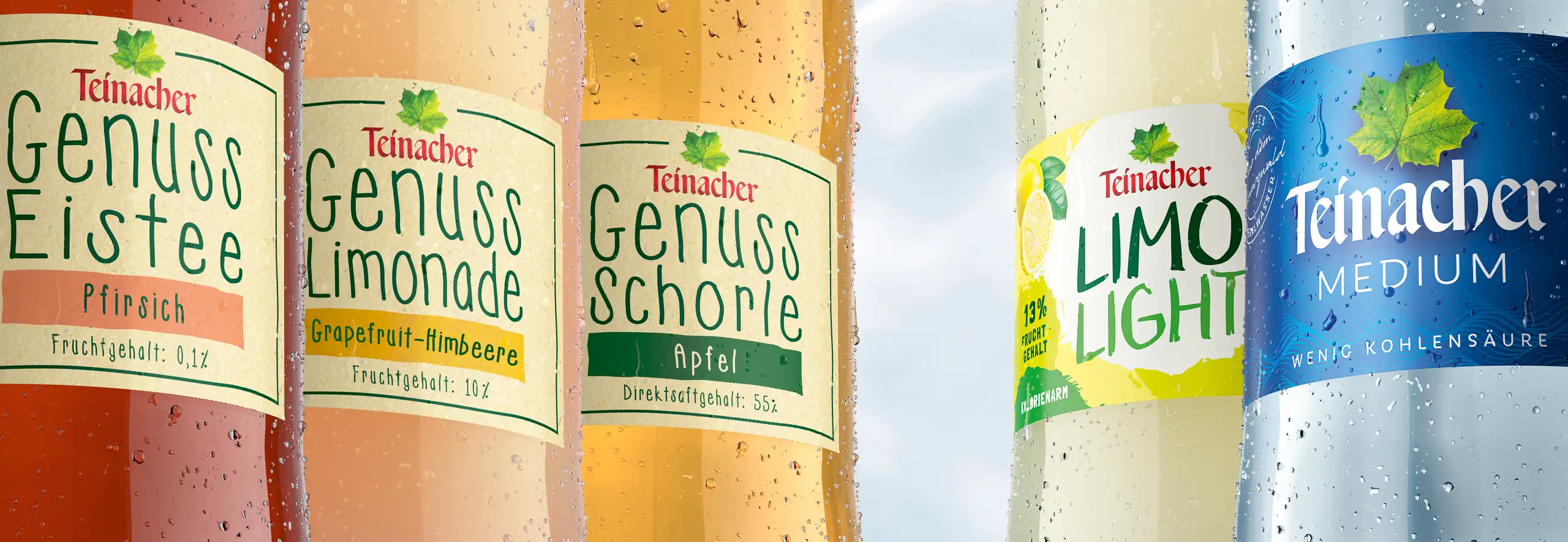 Fünf Teinacher Genuss-Limonaden in der 0,75 L Glas Genussflasche