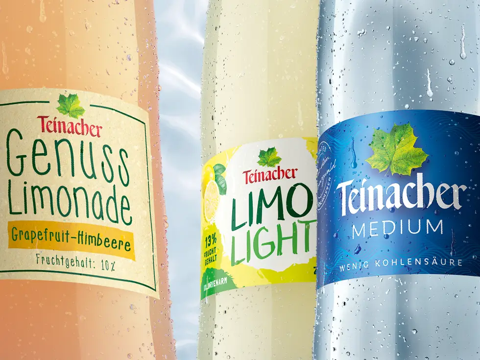 Drei Teinacher Genuss-Limonaden in der 0,75 L Glas Genussflasche