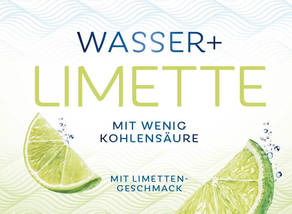 teinacher-getraenke-entdecken-wasser-plus-limette Grafik zum Getränk Teinacher Wasser+ Limette mit Schriftzug, Limettenscheiben und Hinweis auf wenig Kohlensäure und Limettengeschmack