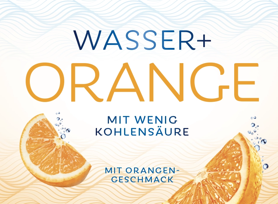 teinacher-getraenke-entdecken-wasser-plus-orange Grafik zum Getränk Teinacher Wasser+ Orange mit Schriftzug, Orangenscheiben und Hinweis auf wenig Kohlensäure und Orangengeschmack