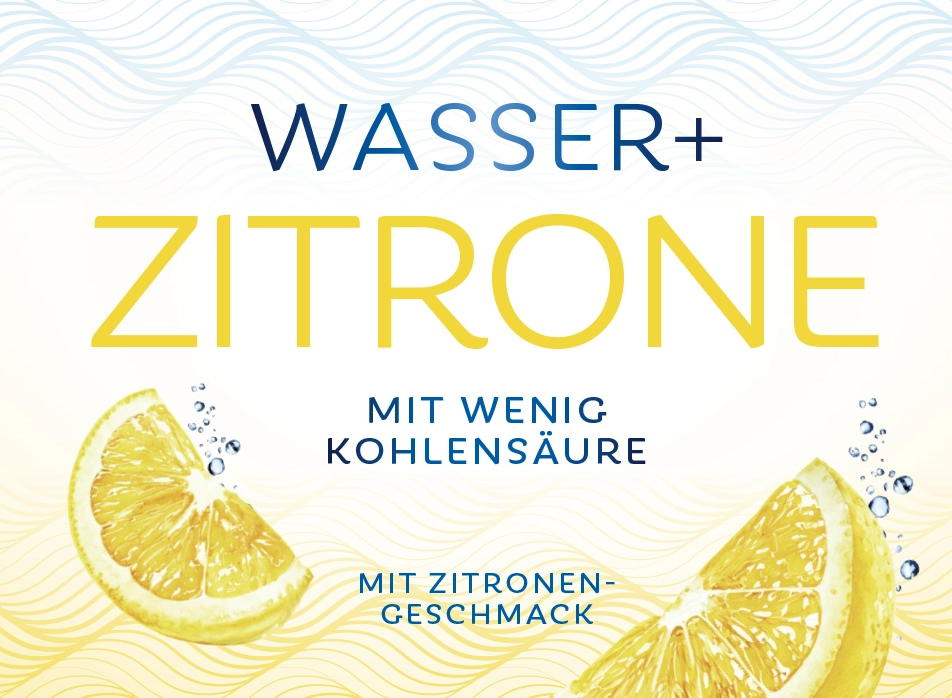 teinacher-getraenke-entdecken-wasser-plus-zitrone Grafik zum Getränk Teinacher Wasser+ Zitrone mit Schriftzug, Zitronenscheiben und Hinweis auf wenig Kohlensäure und Zitronengeschmack
