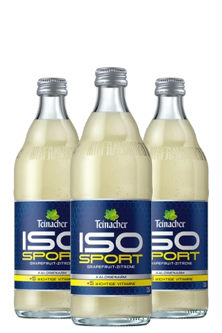 Drei Teinacher ISO Sport Grapefruit-Zitrone 0,5L Glasflaschen mit blauem Etikett und silbernem Deckel, nebeneinander auf weißem Hintergrund.