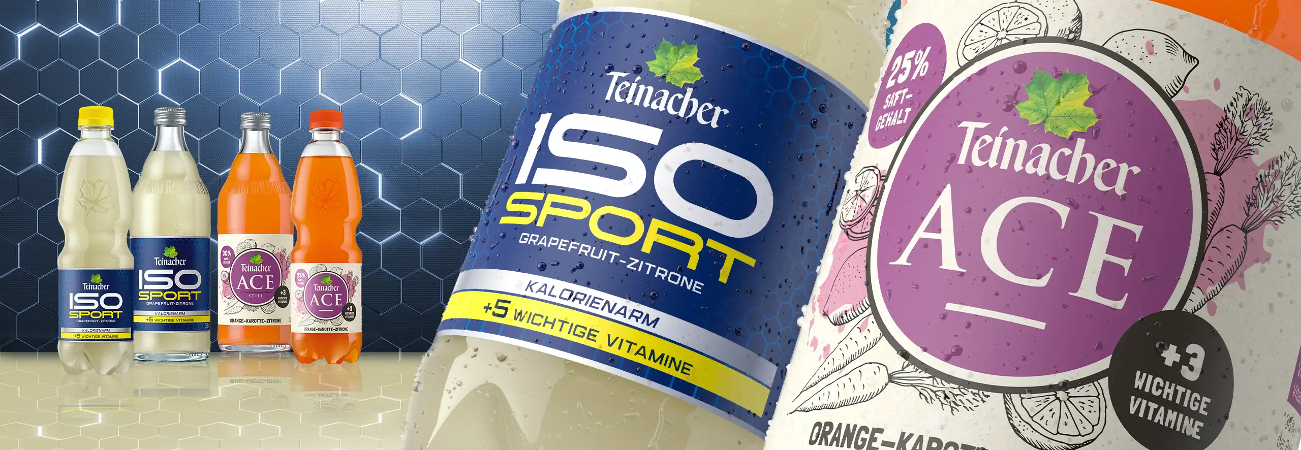 Teinacher ISO Sport und ACE Getränke mit Vitaminen vor blauem Hintergrund.