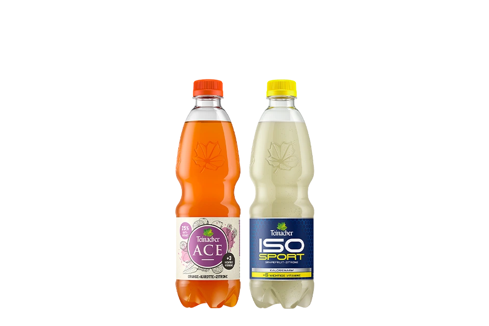 Eine Flasche Teinacher ACE & eine Flasche ISO Grapefruit-Zitrone in 0,5 L PET