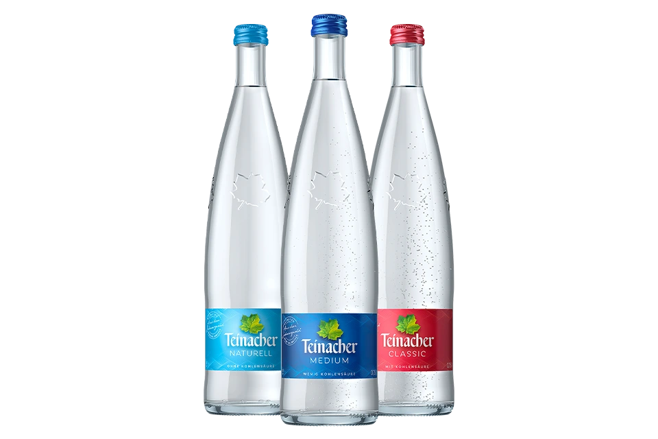 Jeweils eine Flasche Teinacher Mineralwasser Naturell, Teinacher Mineralwasser Medium & Teinacher Mineralwasser Classic