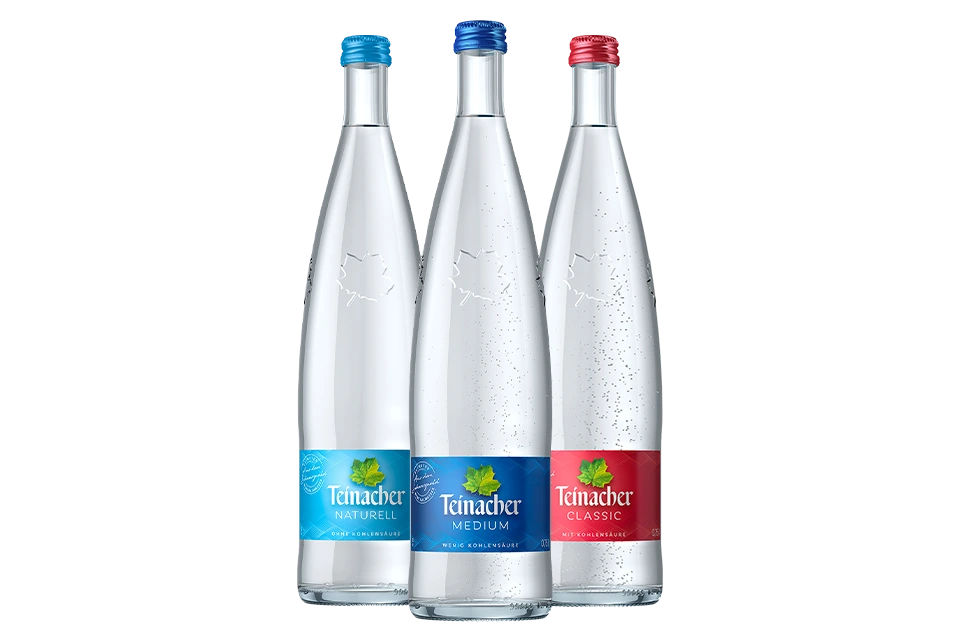Drei Teinacher Mineralwasser in den Sorten Naturell, Medium und Classic in der 0,75 L Genussflasche.