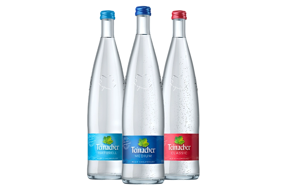 Drei Teinacher Mineralwasser in den Sorten Naturell, Medium und Classic in der 0,75 L Genussflasche.