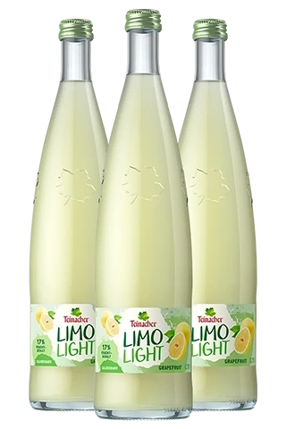Drei Glasflaschen Teinacher Limo Light Grapefruit mit 17 Prozent Fruchtgehalt und kalorienarmer Rezeptur