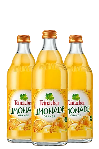 Drei 0,5 Liter Glasflaschen Teinacher Limonade Orange im GDB-Gebinde