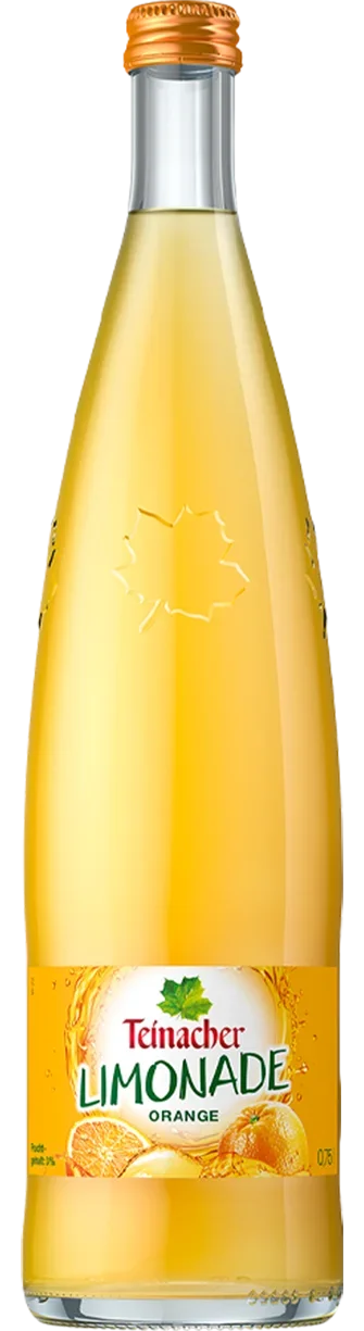 Teinacher Limonade Orange in der 0,75-Liter-Glasflasche mit fruchtigem Inhalt und orangem Etikett