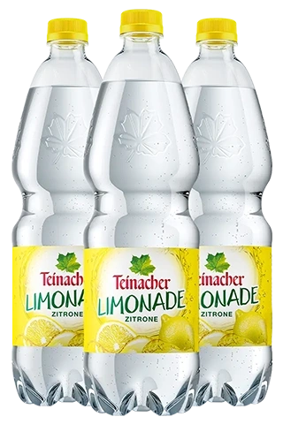Drei 1-Liter-PET-Flaschen Teinacher Limonade Zitrone mit spritzigem Inhalt und gelbem Etikett