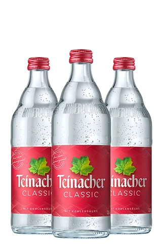 Drei Teinacher Mineralwasser Classic Glasflaschen 0,5 L im GDB-Gebinde