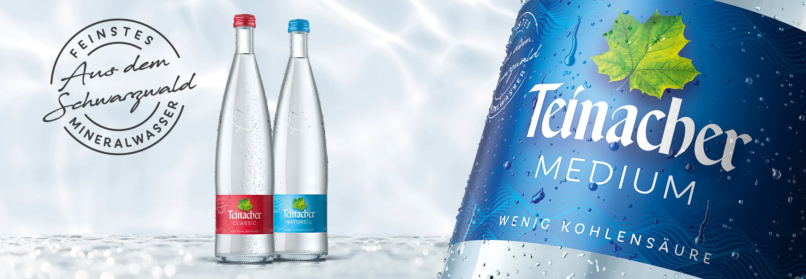 Teinacher in den Sorten Mineralwasser Naturell, Mineralwasser Medium und Mineralwasser Classic in der 0,75 L Genussflasche