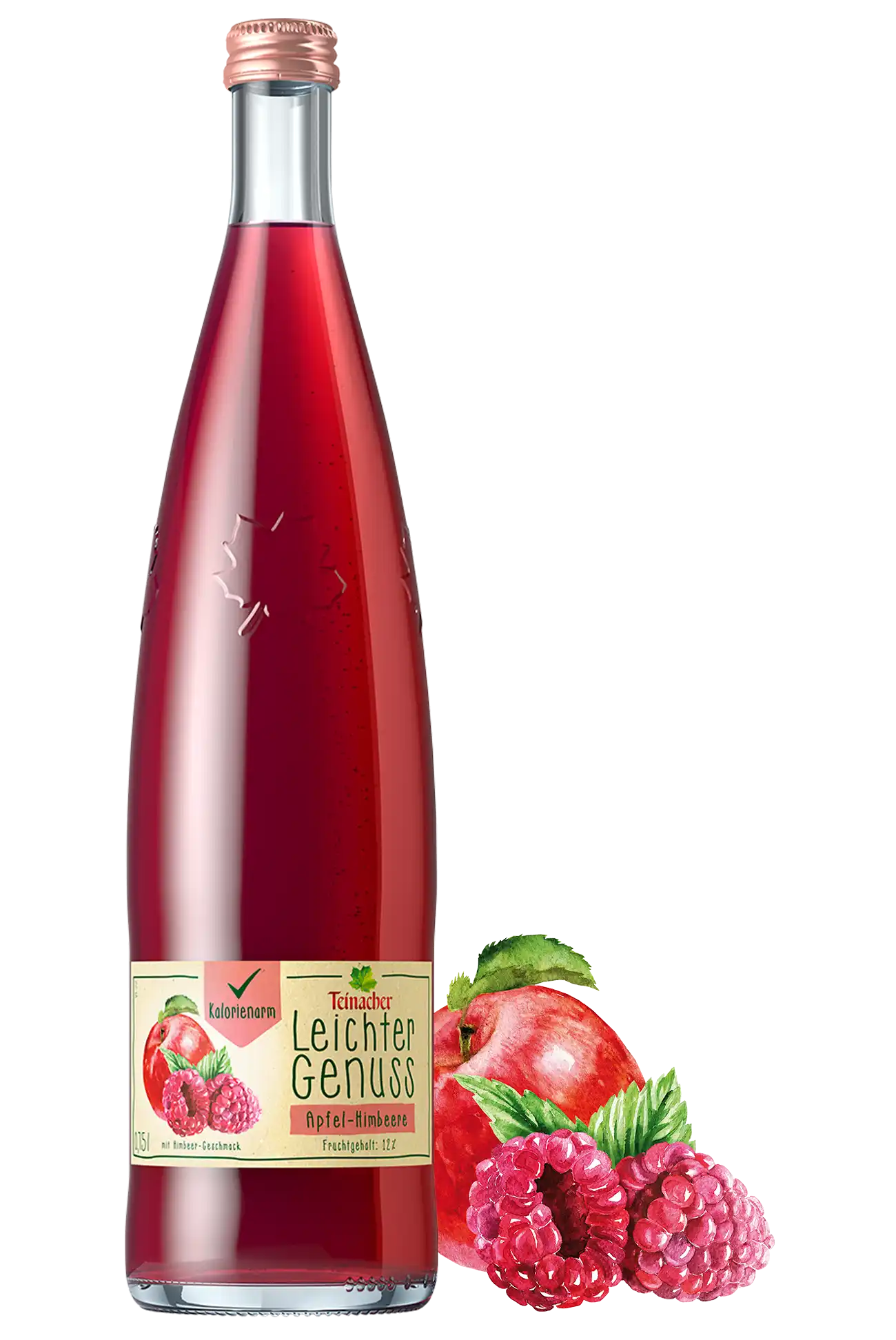 teinacher-mocktail-genuss-limonade-apfel-himbeere-mocktail-packshot-mit-frucht Glasflasche 0,75 L Teinacher Genuss Limonade Zitrone