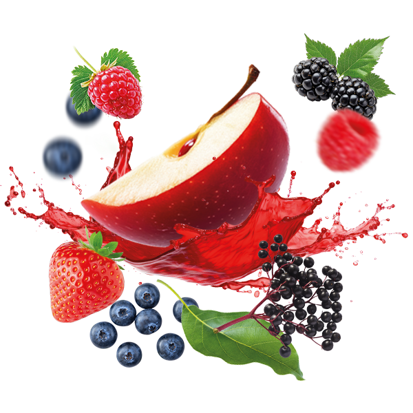 Apfelstück mit rotem Fruchtsplash umgeben von Erdbeeren, Himbeeren, Heidelbeeren, Brombeeren und Holunderbeeren