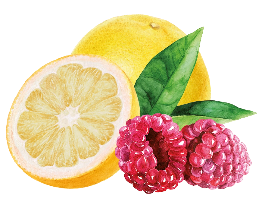 Himbeeren und eine aufgeschnittene Zitrone als Inhalt der Teinacher Genuss-Limonade Grapefruit-Himbeere