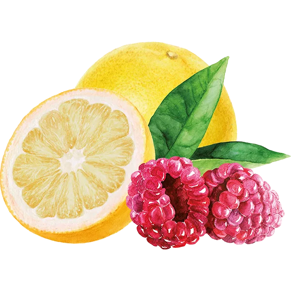 Himbeeren und eine aufgeschnittene Zitrone als Inhalt der Teinacher Genuss-Limonade Grapefruit-Himbeere
