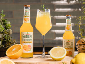 Zwei Flaschen Teinacher Genuss-Limonade Orange-Mandarine neben einem Glas mit Eis und Rosmarin, umgeben von Orangen- und Zitronenhälften.