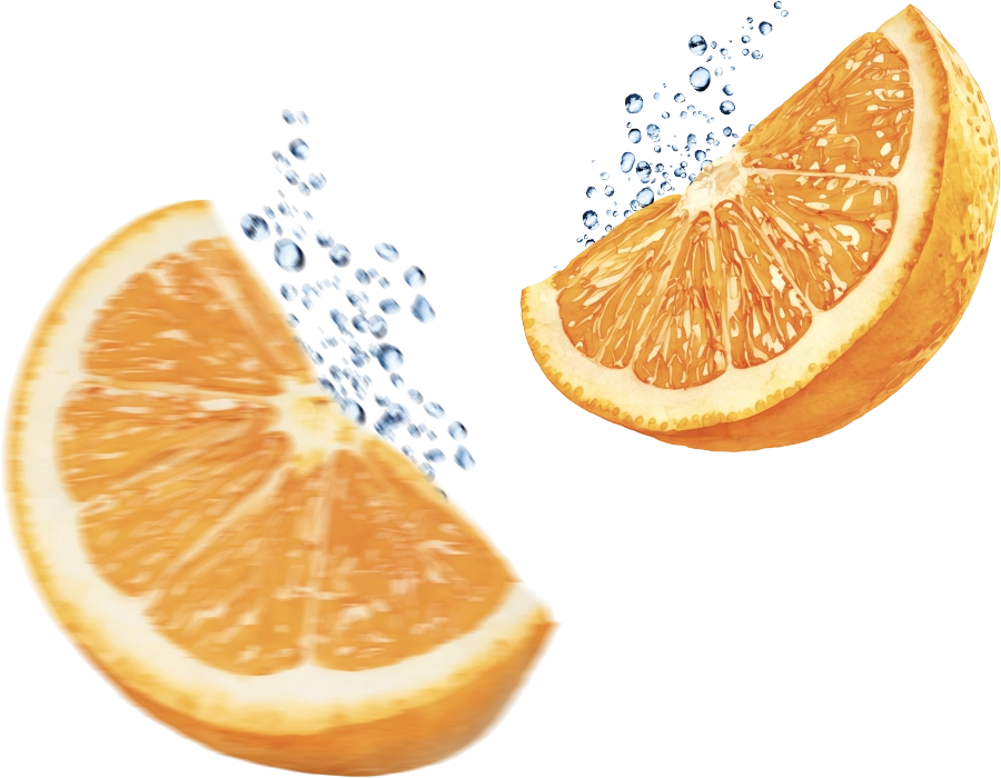 Zwei frische Orangenscheiben mit spritzenden Wassertropfen als fruchtiges Gestaltungselement für Teinacher Wasser+ Orange