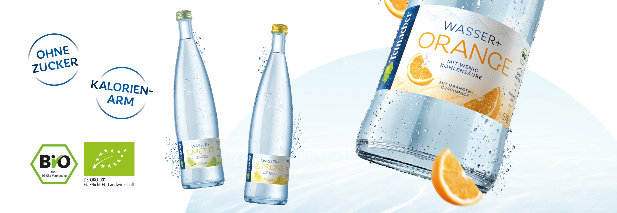 Teinacher Wasser+ Orange, Zitrone und Limette mit Bio-Siegel sowie Hinweis auf ohne Zucker und kalorienarm vor hellem Hintergrund