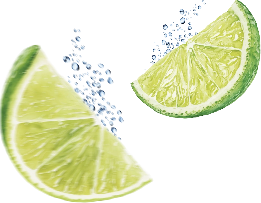Zwei Limettenscheiben mit spritzenden Wassertropfen als fruchtiges Gestaltungselement für Teinacher Wasser+ Limette