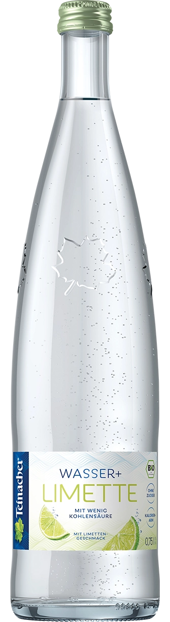 Teinacher Genussflasche Wasser+ Limette mit wenig Kohlensäure und Bio-Limettengeschmack als freigestelltes Produktbild