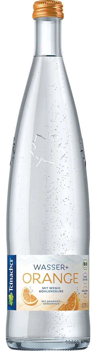 Teinacher Genussflasche Wasser+ Orange mit wenig Kohlensäure und Bio-Orangengeschmack als freigestelltes Produktbild