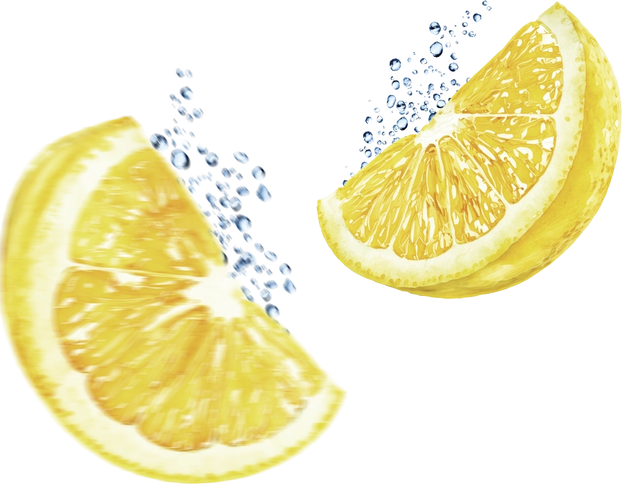 Zwei Zitronenscheiben mit spritzenden Wassertropfen als fruchtiges Gestaltungselement für Teinacher Wasser+ Zitrone