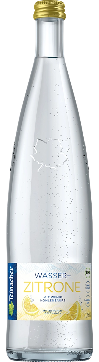 Teinacher Genussflasche Wasser+ Zitrone mit wenig Kohlensäure und Bio-Zitronengeschmack als freigestelltes Produktbild