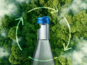 Flaschen-Silhouette im Wald mit Recyclingpfeilen – Symbol für Kreislaufwirtschaft und Nachhaltigkeit.