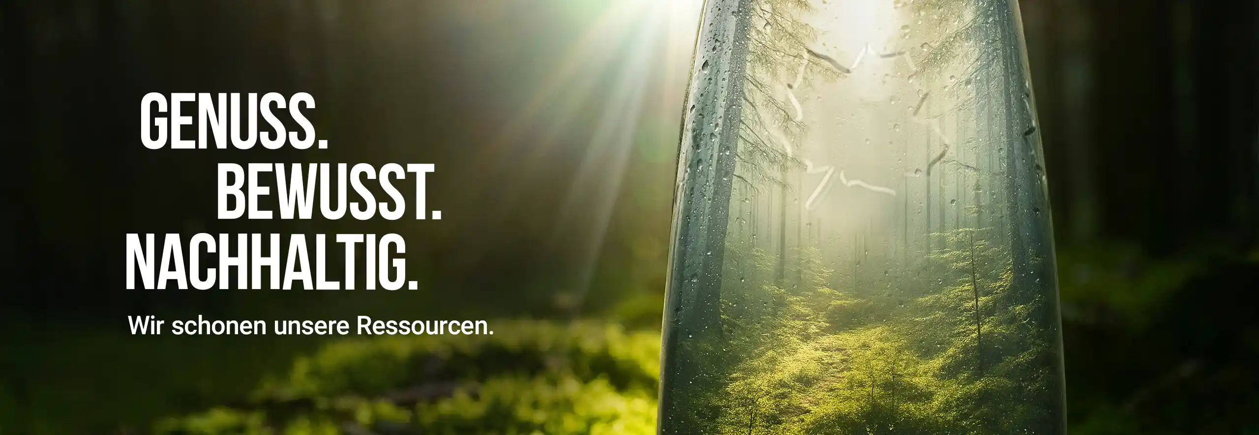teinacher-wissenswert-nachhaltigkeit-natur-und-genussflasche-desktop-ansicht-headerbild_mobile Waldspiegelung in einer Wasserflasche mit Sonnenstrahlen im Hintergrund inmitten eines Waldbodens.