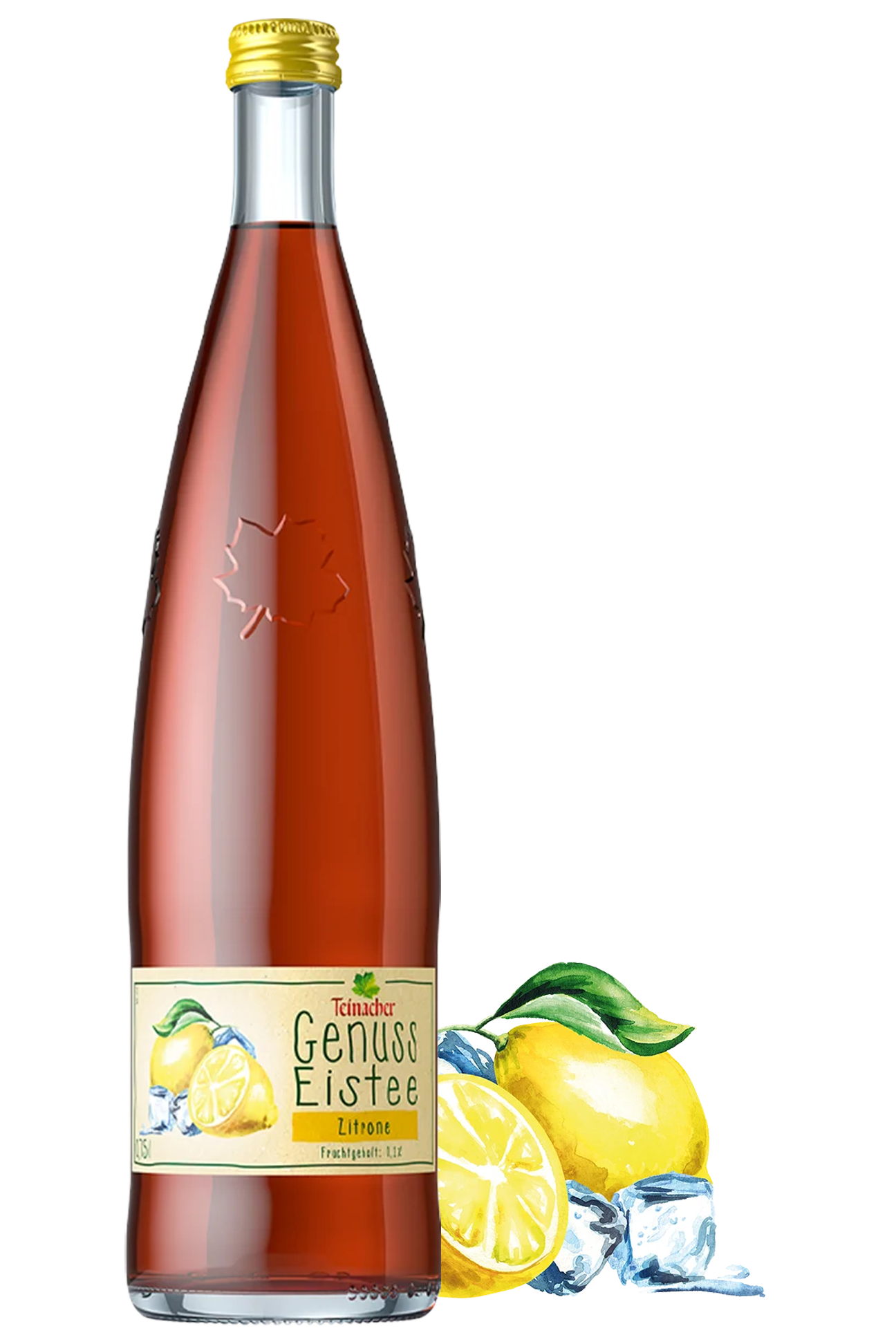Freigestellte Flasche Teinacher Genuss Eistee Zitrone mit Etikett, daneben Illustration aus Zitronen und Eiswürfeln auf hellem Hintergrund