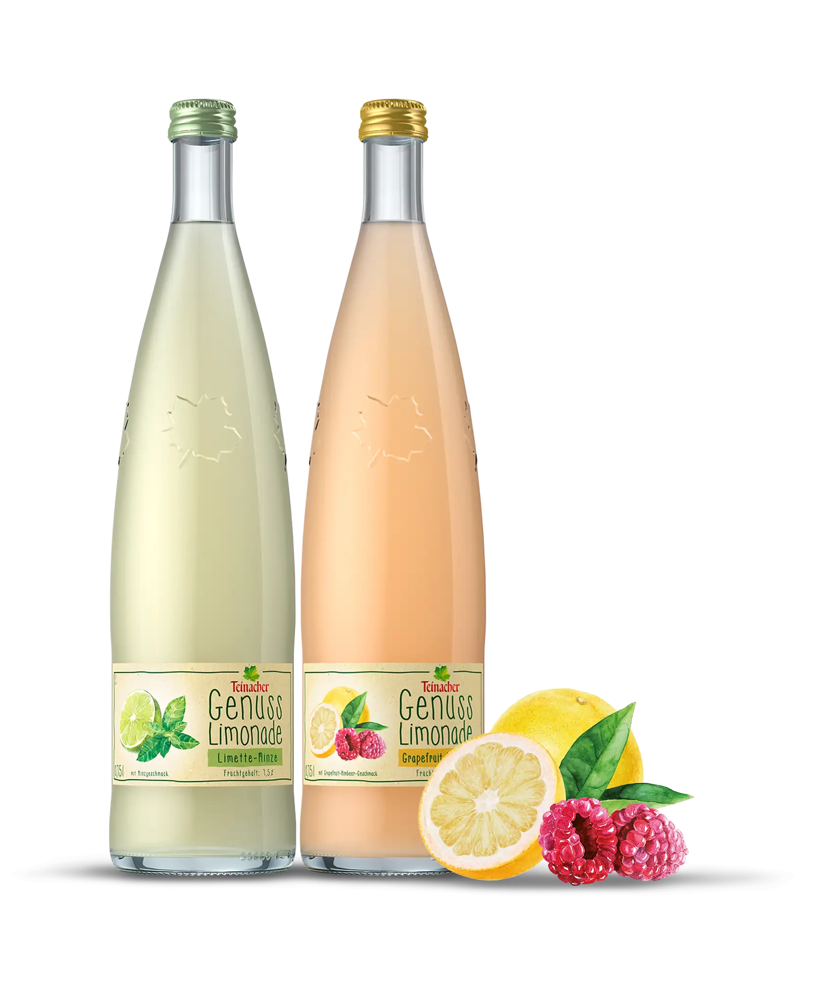 Teinacher Genuss-Limonaden Limette-Minze und Grapefruit-Himbeere in der 0,75 L Glas Genussflasche mit einer Frucht